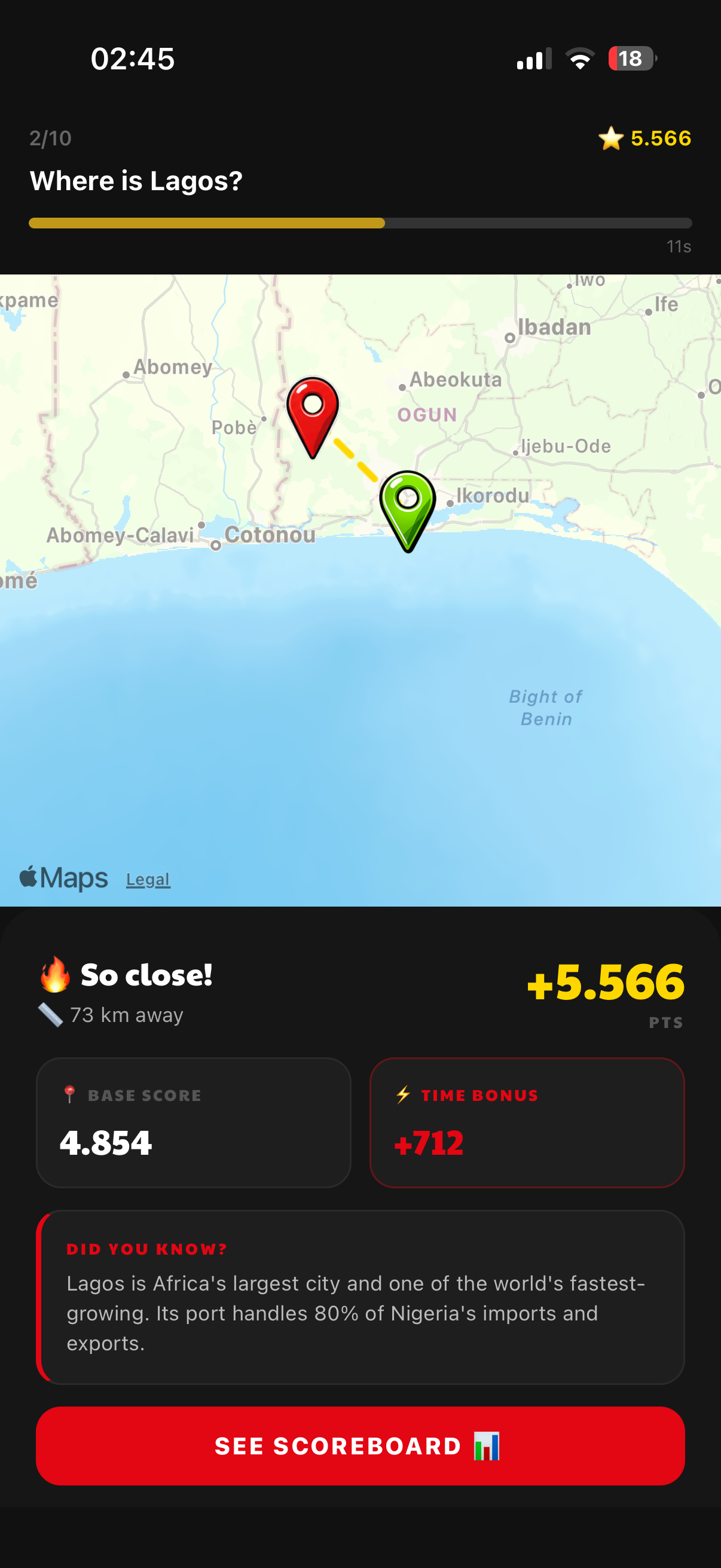 Result reveal showing distance and score